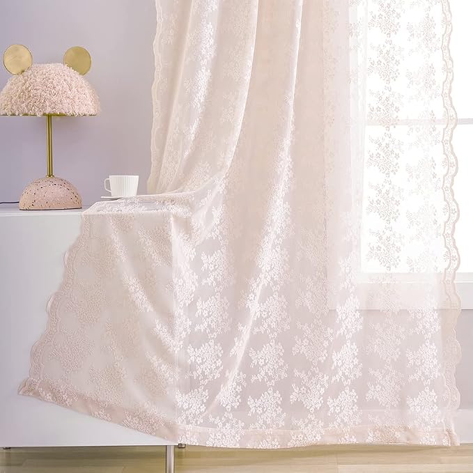 YJ YANJUN Vintage Lace Curtains 72 inchLength Romantic Flowers Sheer Pink Lacy - Image 4