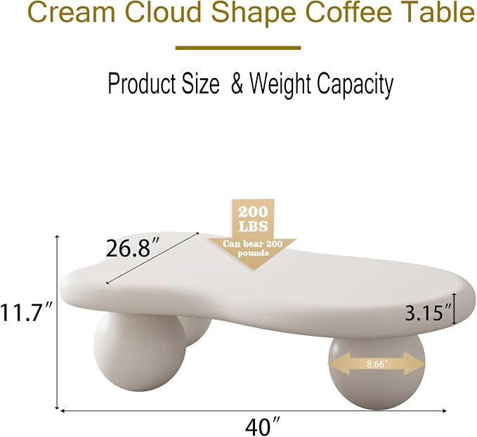 40" Cloud Coffee Table with 3 Ball Legs, Modern Irregular Center Table - Image 2