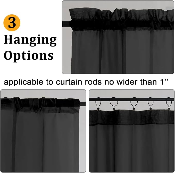 Gwine Black Sheer Curtain Tiers 24 Inch Length, Light Filtering Voile Short - Image 5