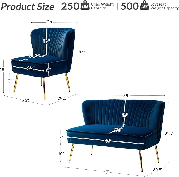 HULALA Home 3 Piece Velvet Living Room Furniture Set, Modern Comfy Upholstered - Image 2