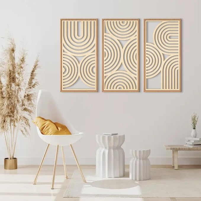 IARTTOP Large Boho Wood Wall Art Set of 3 Framed Wooden Mid-century Modern Wall - Image 6