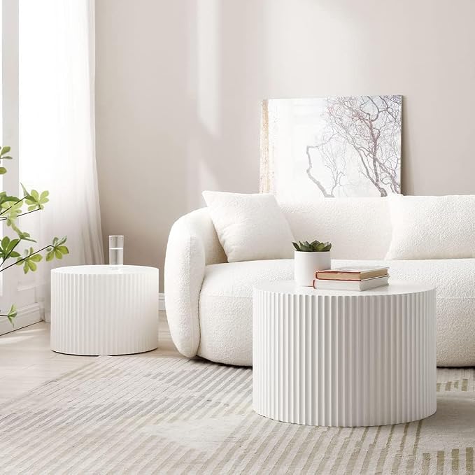 White Round Coffee Table Nesting Coffee Table Set of 2 Contemporary Circle - Image 4