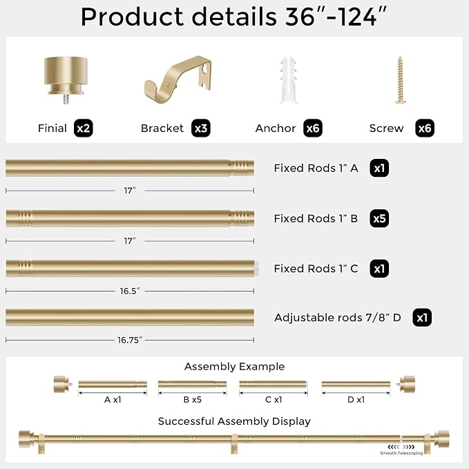 Modern Gold Curtain Rods for Windows 66 to 120 Inch, Decorative Drapery Rods - Image 5