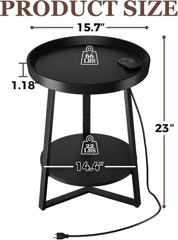 Gadroad Round End Table with Charging Station, USB Ports and Anti-Drop Fence - Image 3