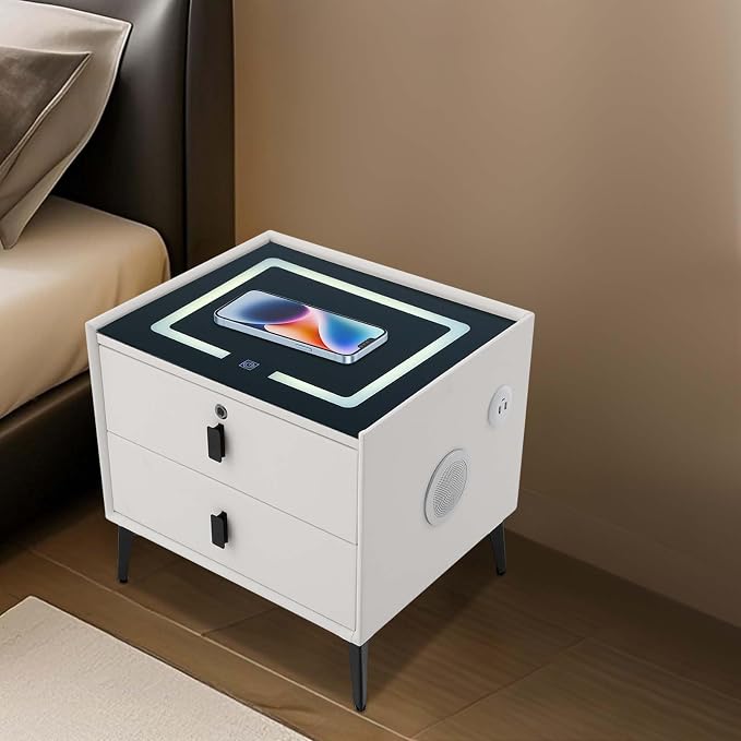 Smart Nightstand w/Fingerprint Lock Drawers, Smart Bedside Table w/USB Charging - Image 2