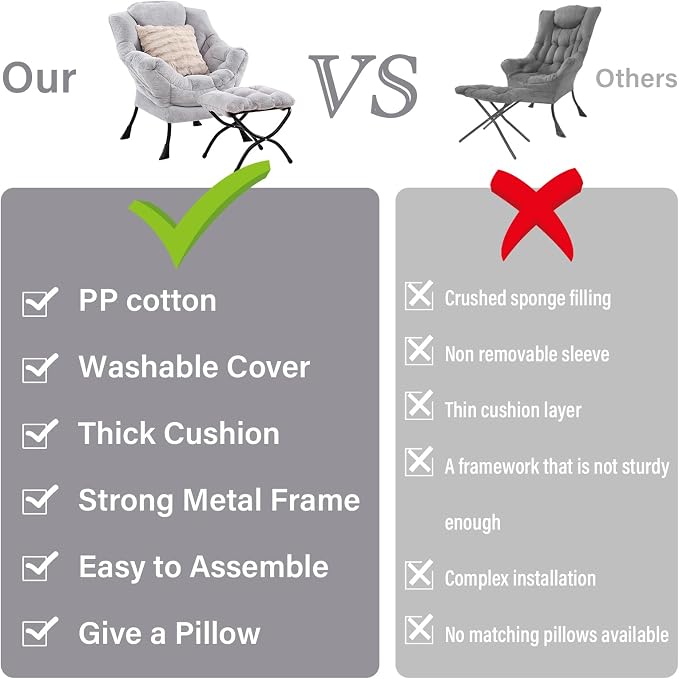 Lazy Chair with Ottoman, Large Light Grey Accent Chair with Ottoman and FA - Image 5