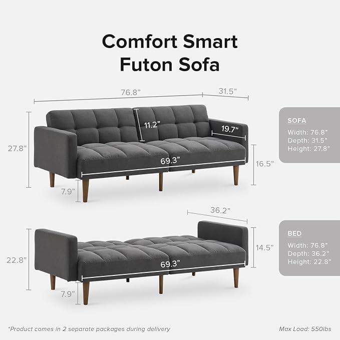 mopio Aaron 76.8" Couch, Small Futon Sofa Bed, Mid Century Modern Futon Couch - Image 2