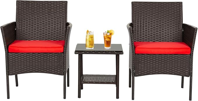 FDW | 3-Piece Patio Furniture Set | Brown & Red | Outdoor Wicker Furniture by FDW
