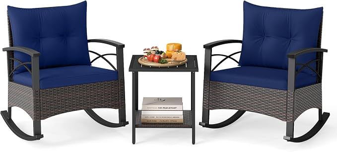 Tangkula 3 Piece Rattan Rocking Chair Set, Patio Rocker Bistro Set w/Acacia by TANGKULA