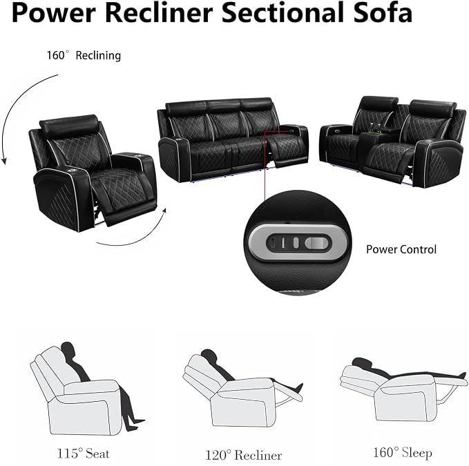 Power Recliner Sofa Set with LED, Breathable Leather Recliner Couch Loveseat - Image 4