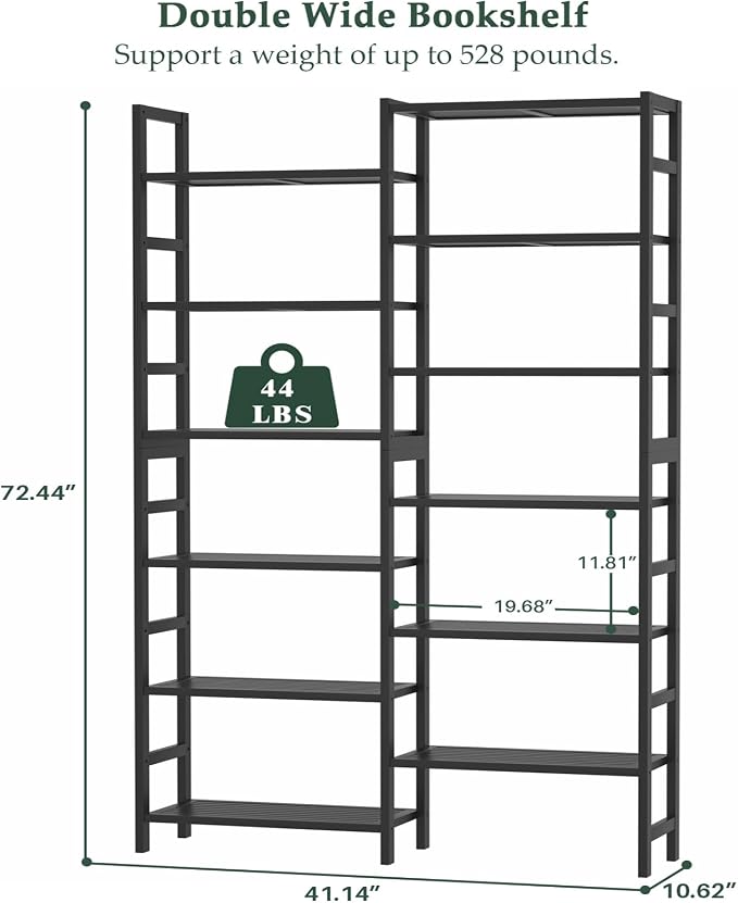 Homykic Double Wide Bamboo Bookshelf Black, 6-Tier Large Open Bookcase - Image 3