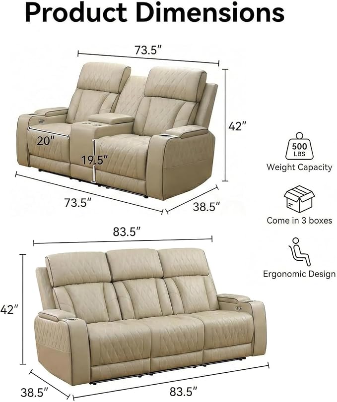 Power Recliner Sofa Set with LED Lights, Includes a Manual Loveseat and a 3 - Image 7