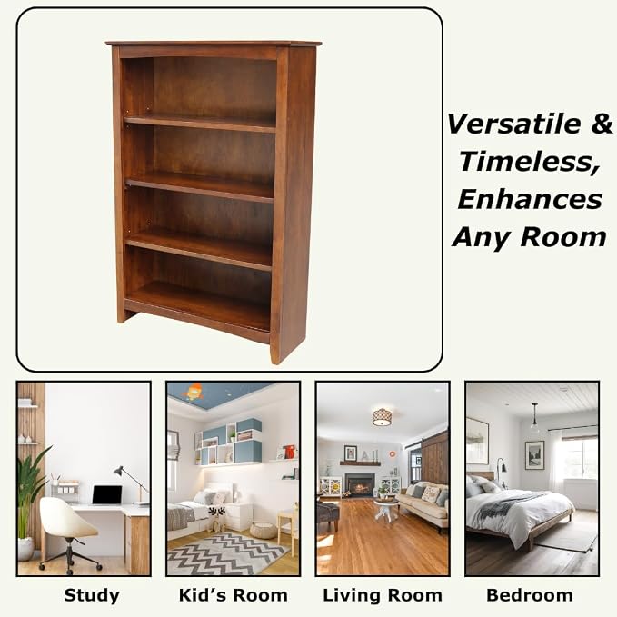 Solid Wood Bookcase 48" High, Adjustable Shelves, Parawood Construction - Image 5