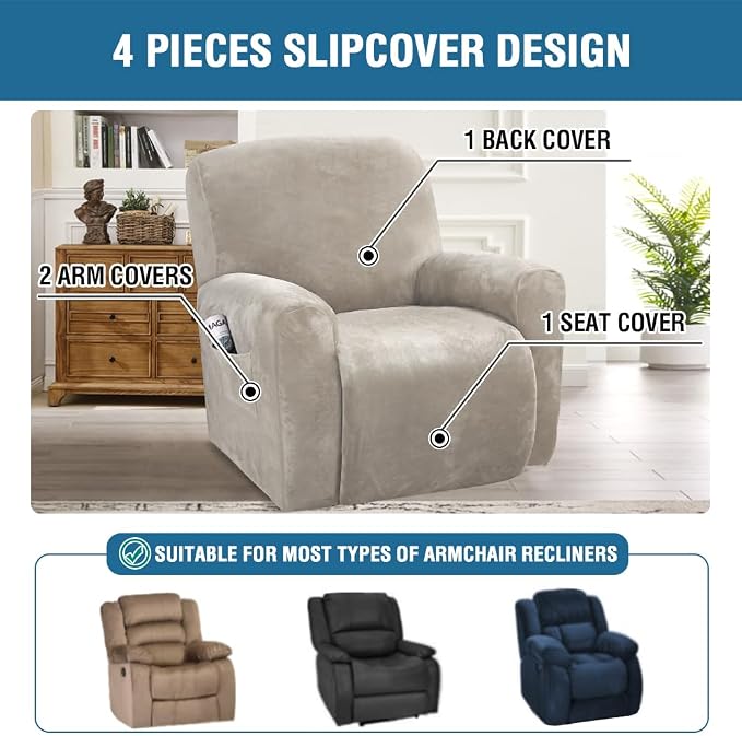 H.VERSAILTEX Velvet Stretch Recliner Couch Covers 4-Pieces Style Recliner Chair - Image 2
