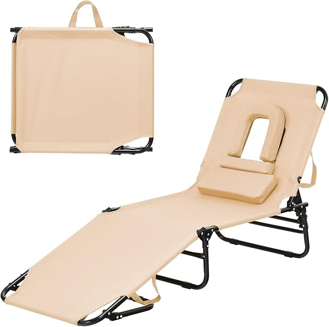 Folding Beach Lounge Chair w/ 5 Adjutable Backrest & Padded Pillow, Sunbathing by Unknown