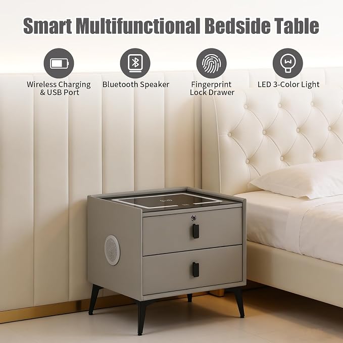 Smart Nightstand with Charging Station, Adjustable LED, USB Ports, Fingerprint - Image 3