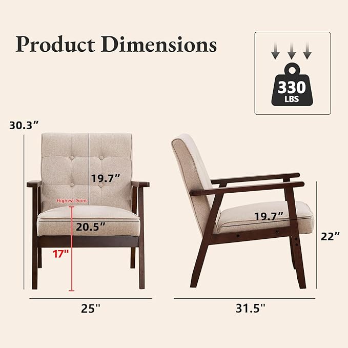 Bonzy Home Fabric Mid-Century Modern Accent Chair Set of 2, Upholstered Armchair - Image 2
