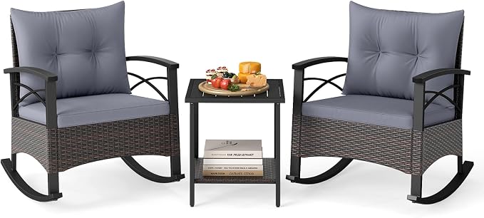 Tangkula 3 Pieces Outdoor Rocking Chairs Set, Rattan Heavy Duty Cushioned by TANGKULA