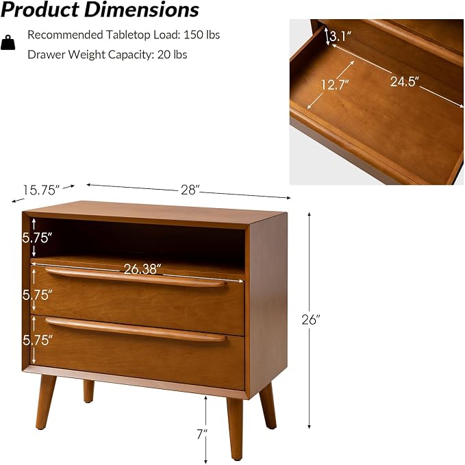 HULALA HOME End Table with Charging Station, Mid-Century Modern 2 Drawer and - Image 2