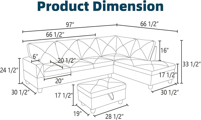 97.5" L Shaped Couch Set, Modular Sectional Couches - Image 2