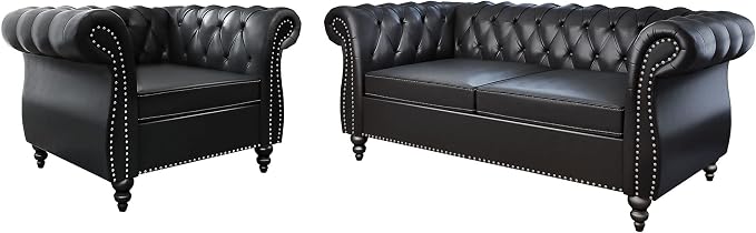 2 Piece Living Room Set, Chesterfield Leather Sofa Couch Chair by ORRD