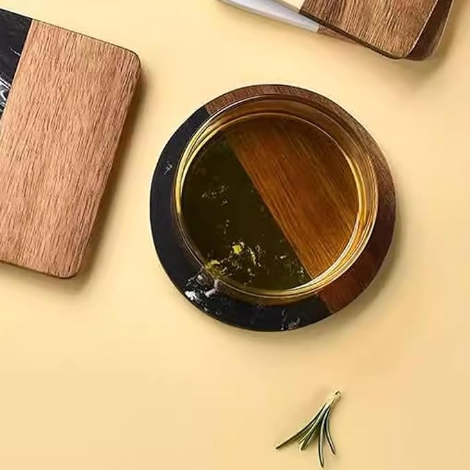 I-LAN 4-Pack Black Marble and Acacia Wood Coasters, 4-Inch Round Modern Drink - Image 6