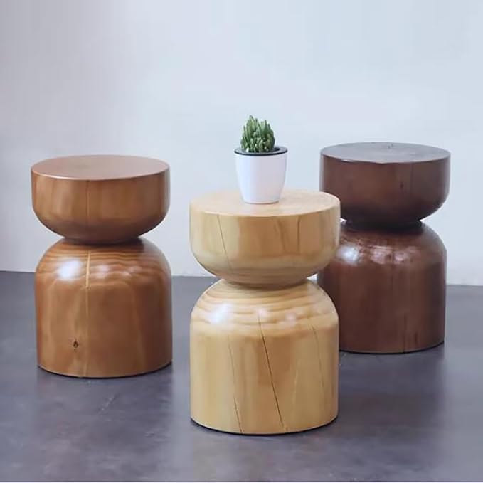 Solid Wood Stool & Sofa Side Table, Rustic Hourglass Wabi-Sabi Accent Coffee - Image 9