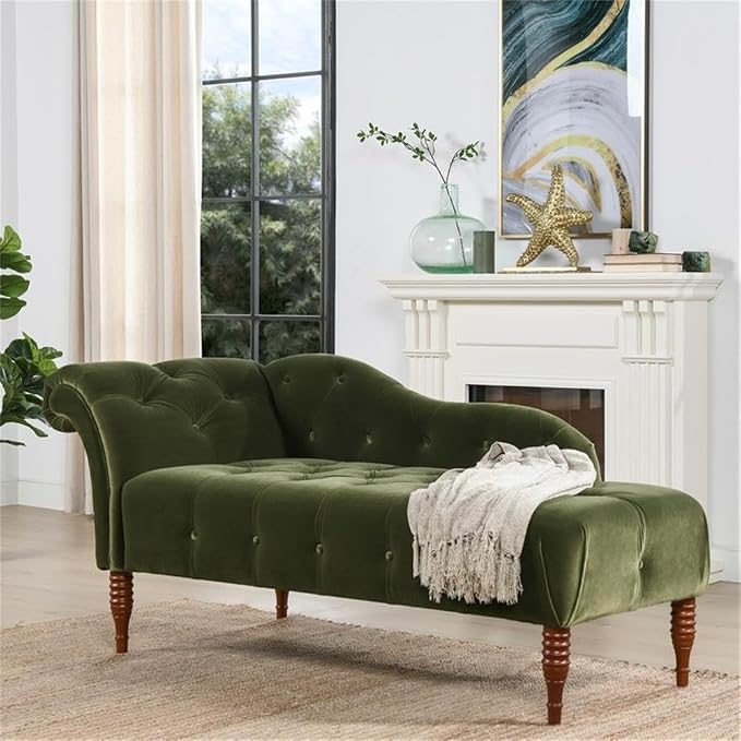 Pemberly Row Tufted Roll Arm Chaise Lounge, Olive Green Velvet Upholstery - Image 2