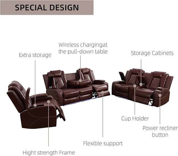 3-Piece Leather Power Recliner Sofa Set - Image 5
