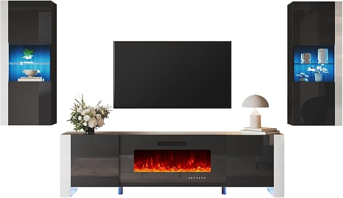 AMERLIFE 3-Piece Modern Wall Unit Entertainment Center Set, High Gloss 80" - Image 8