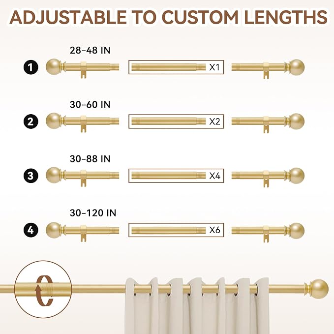 Gold Curtain Rod for Windows 48 to 84 or 88 Inch, 5/8 Inch Diameter Adjustable - Image 5