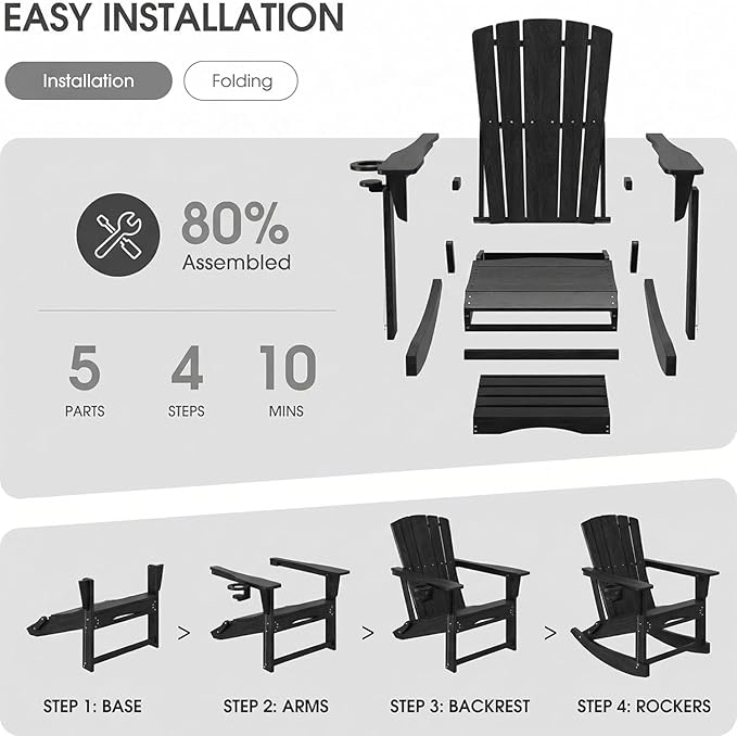 Adirondack Rocking Chair with Retractable Ottoman, Outdoor Folding Adirondack - Image 7