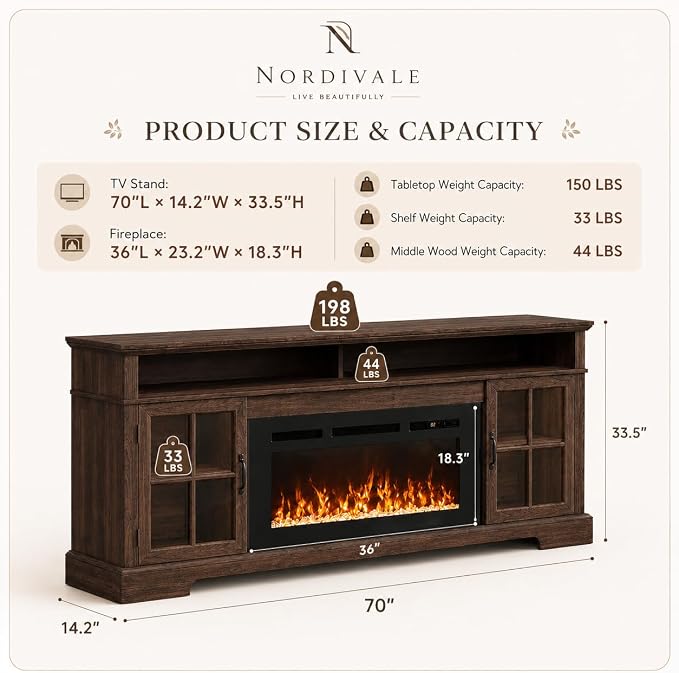 70" Fireplace TV Stand, Modern Entertainment Center - Image 2