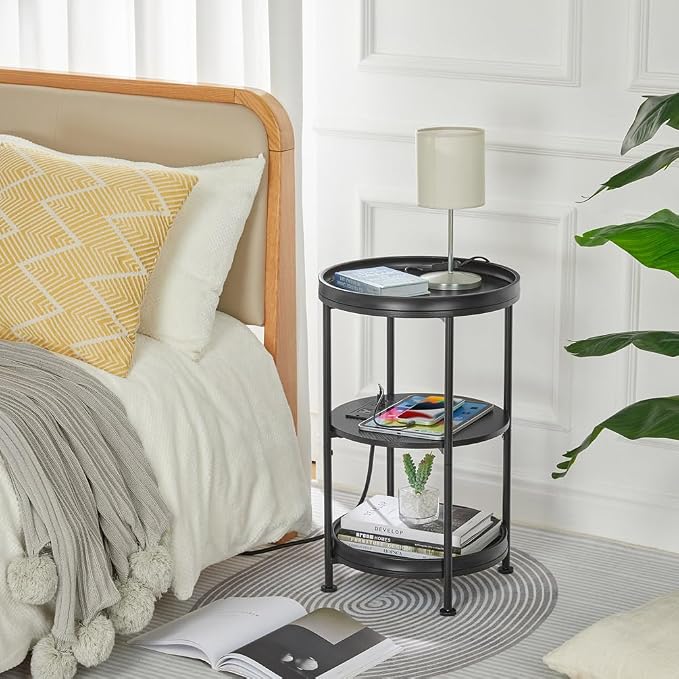 Dulcii Round Side Table with Charging Station, Bedroom Nightstand with Steel - Image 7