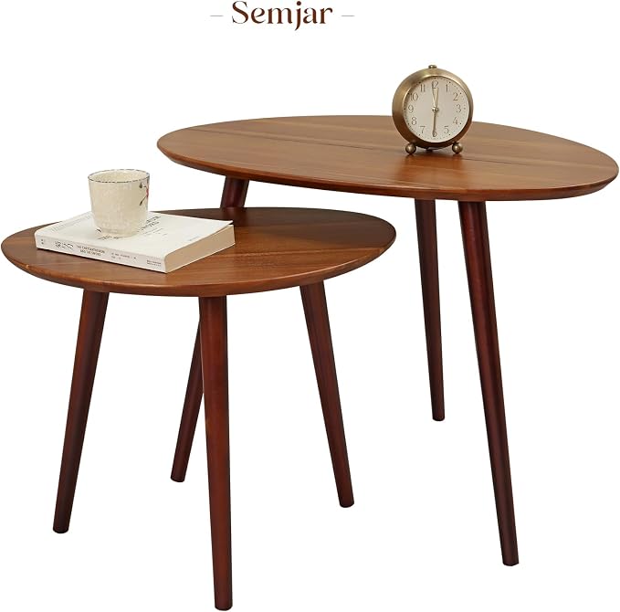 Small Oval Coffee Tables Set, Acacia Wood Nesting Tables（25.6"x17.7"+17.7"x13.4" - Image 9