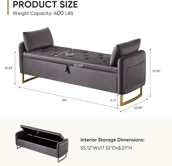 65" End of Bed Storage Bench, Modern Storage Benches - Image 2