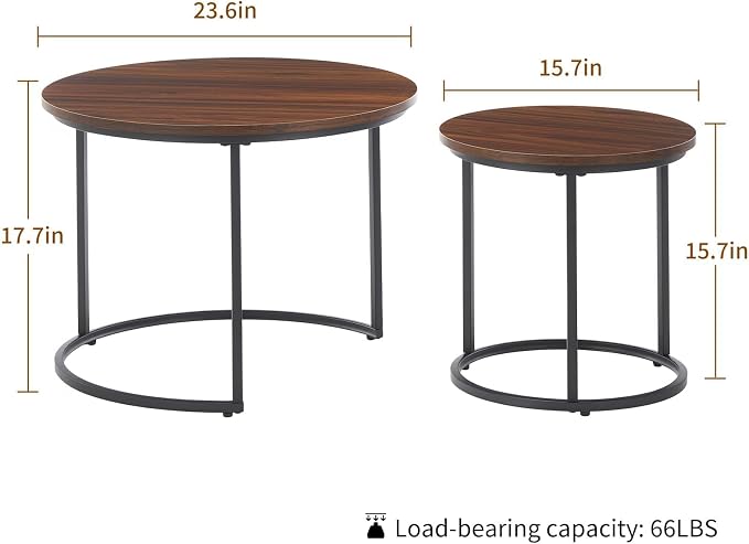 Round Nesting Coffee Table Set of 2, Modern Marble Pattern Wooden Nesting Tables - Image 2