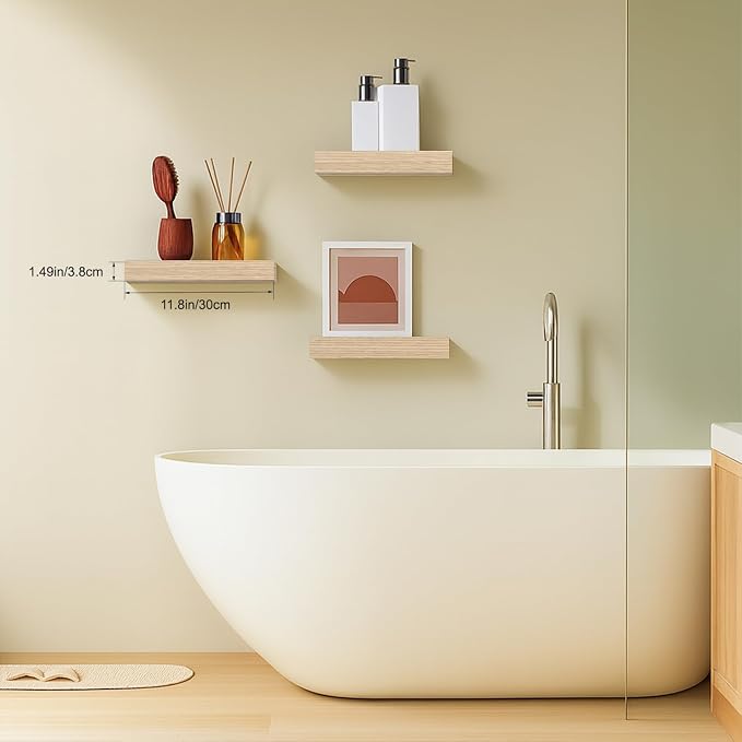 Floating Shelves, Oak Wooden Set of 3 Wall Mounted Bathroom Shelves Over Toilet - Image 5