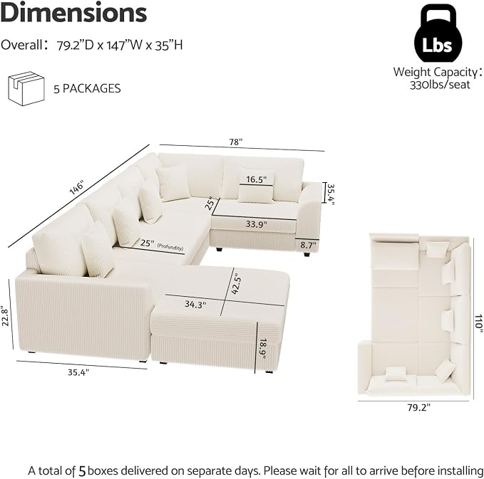 146" Modular Sectional Sofa, Oversized U Shaped, Convertible Sleeper Sofa - Image 2