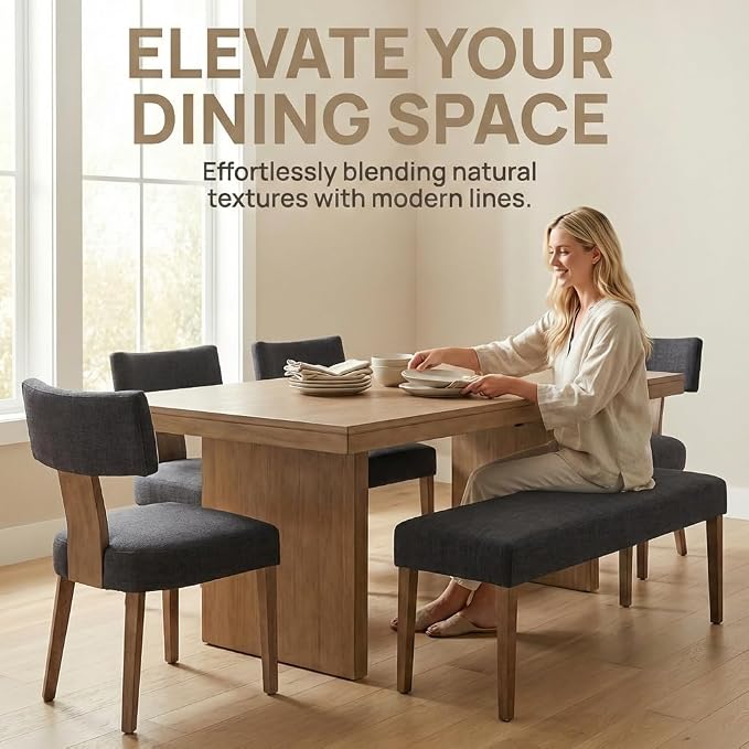 HNY Mid Century Modern Dining Chairs, Linen Fabric Upholstered and Curved - Image 5