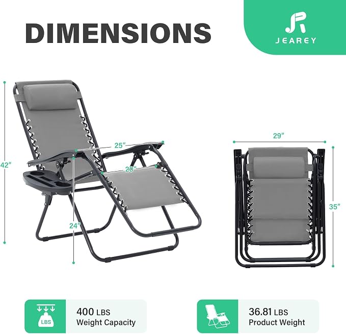JEAREY Zero Gravity Lounge Chairs Set of 2, Adjustable Steel Mesh Recliners - Image 3
