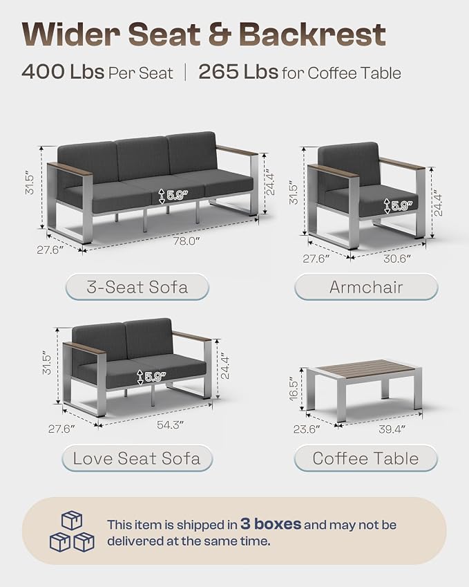 Outdoor Aluminum 3-Seat Sofa, Modern Patio Patio Furniture - Image 7