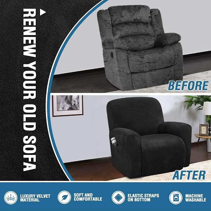 H.VERSAILTEX Velvet Stretch Recliner Couch Covers 4-Pieces Style Recliner Chair - Image 5