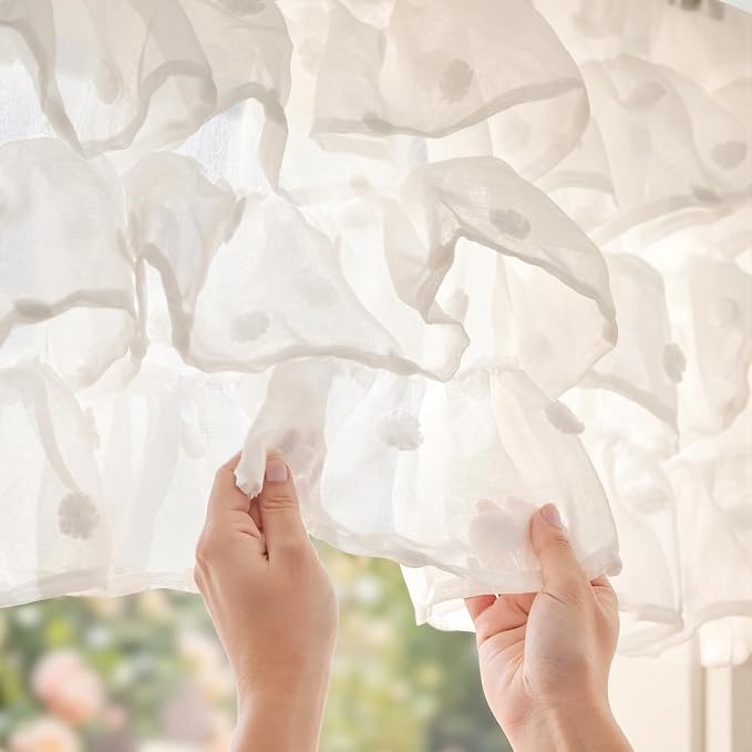 jinchan Ruffled Kitchen Valance Pom-Pom Voile Valance Curtains Sheer Shabby - Image 6