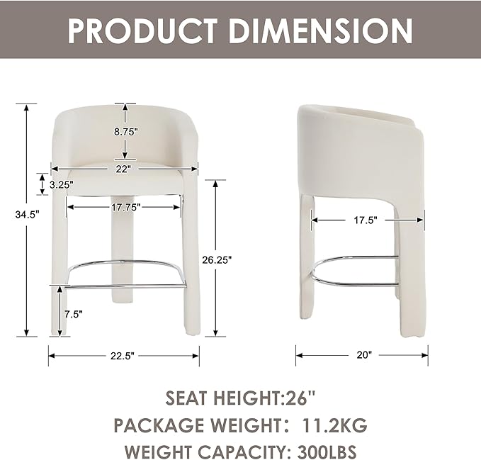HNY Modern Counter Height Bar Stools Set of 2, 26”H Barrel Counter Stools - Image 2