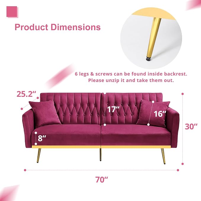 70” Velvet Futon Sofa Bed with 2 Pillows and Adjustable Armrests, Convertible - Image 3