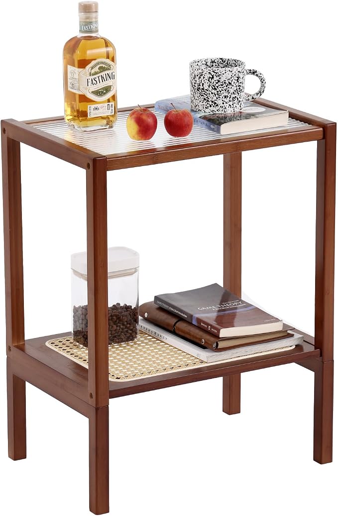 Tiita Rattan Side Table, Mid Century Nightstand, 2-Tier Bamboo Accent Bedside - Image 9
