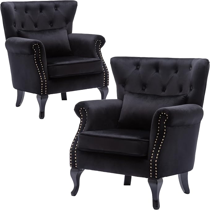 Set of 2 Mid-Century Modern Accent Chair, Velvet Armchair w/Tufted Back/Wood by DMFurniture