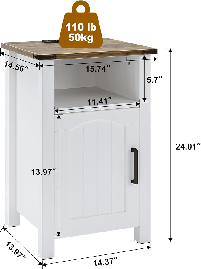 Farmhouse Nightstand with Charging Station, Rustic Bedside Table with Large - Image 3