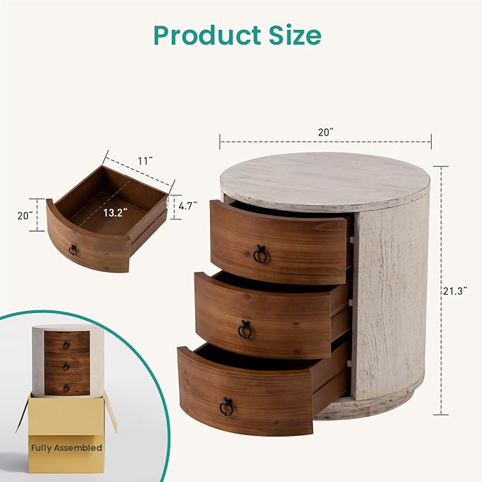 SUNBURY Round Night Stand Set of 2, Farmhouse Bedside Table, Farmhouse End Table - Image 3